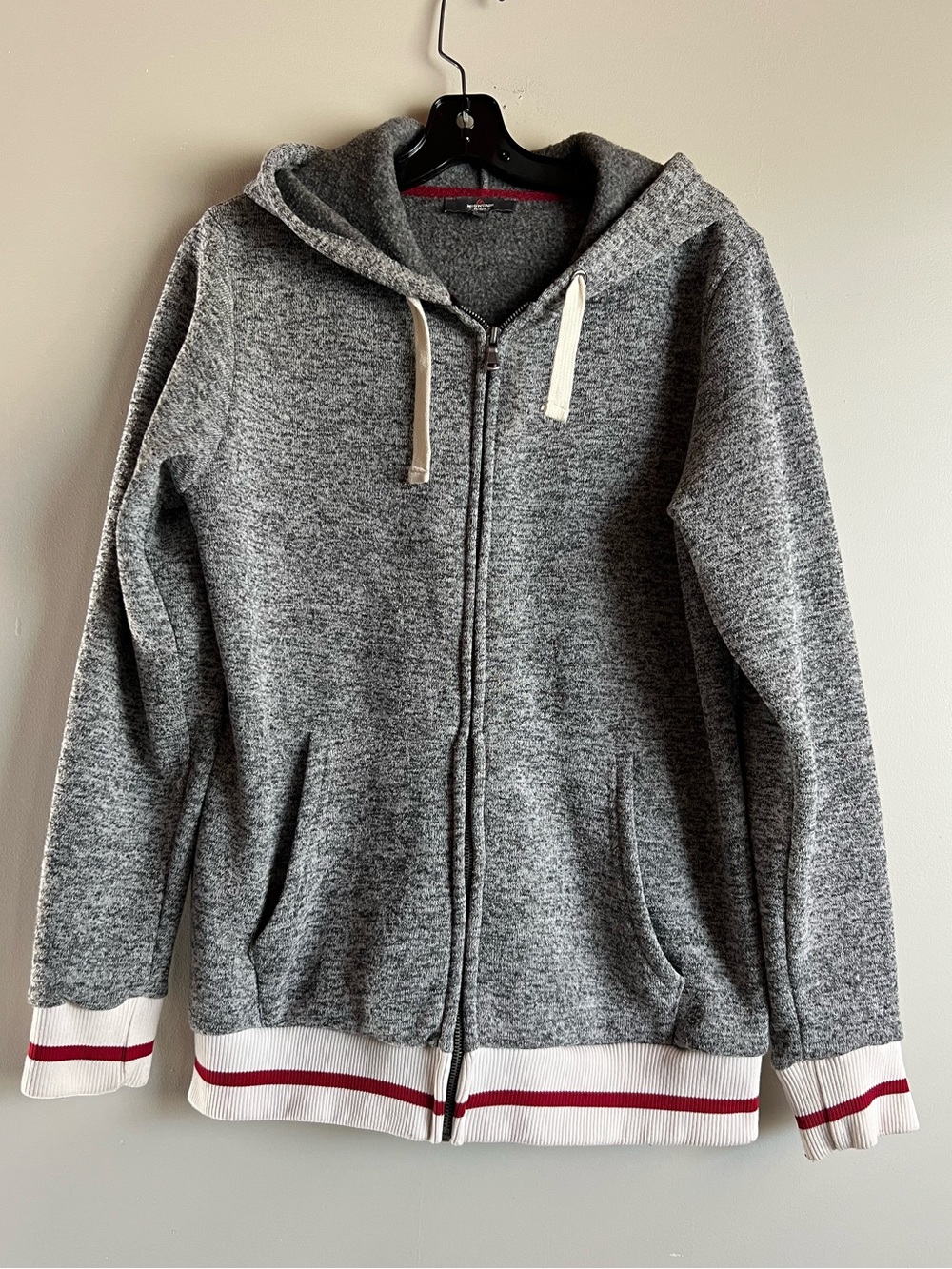 Mountain Ridge Gray Full Zip Hoodie Red White Stripe Knit Sweater Size Small